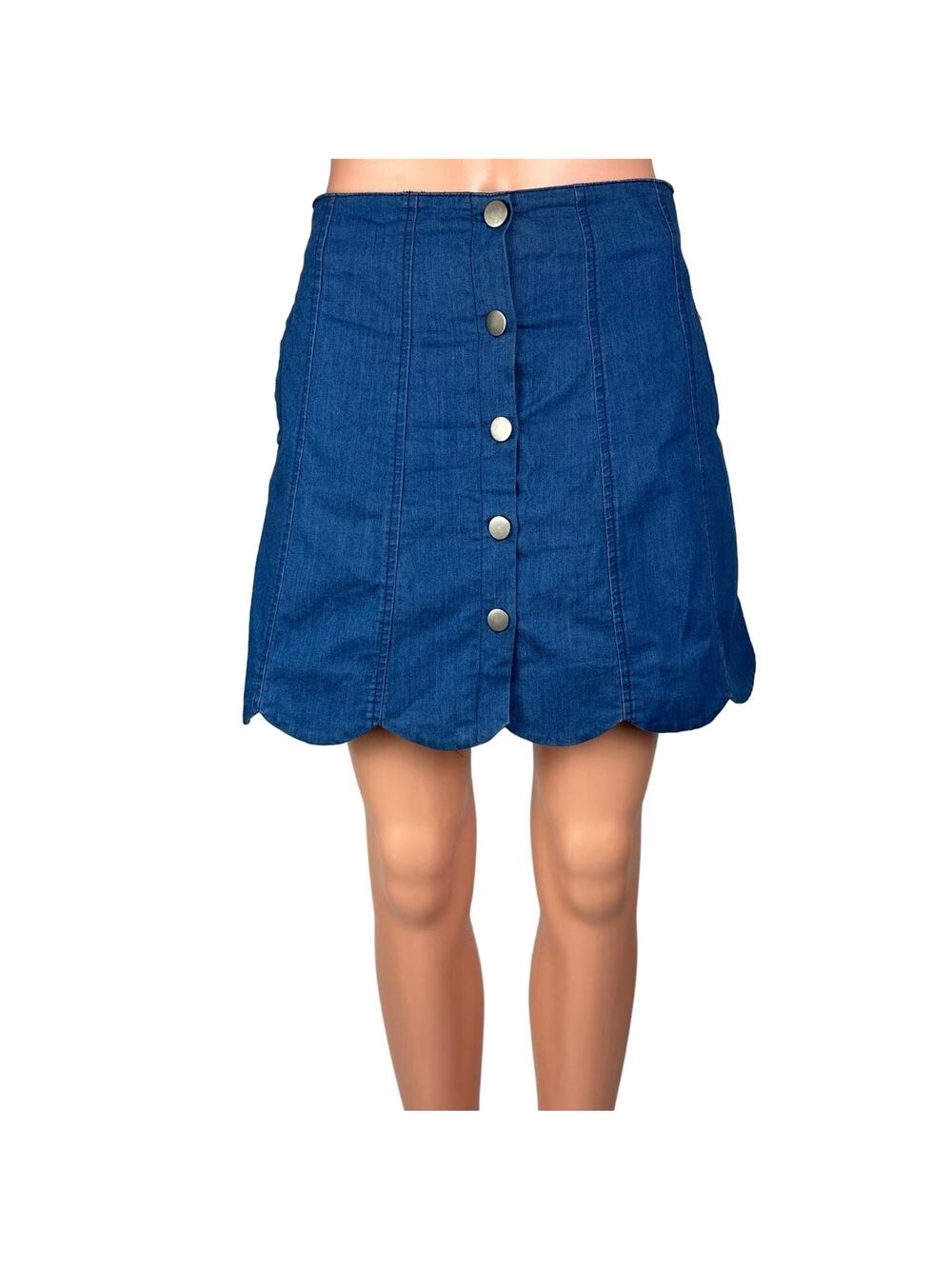 Lush Women's Blue Denim Jean High Rise Scallop A Line Button Down Skirt Size S